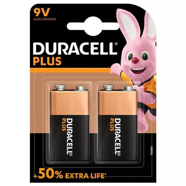 2 x Original Duracell Plus 9V PP3 Power Batteries Smoke Alarm LR22 MN1604