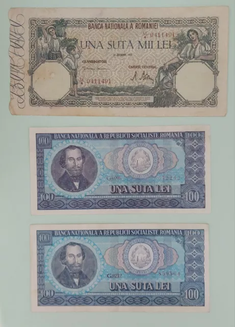 Banknoten,Romania, Rumänien 2x 100 lei 1966, 100000 lei 1946, Papiergeld