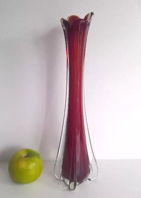 Tall Murano style blue sommerso art glass ribbed abstract wavy rim vase 324mm
