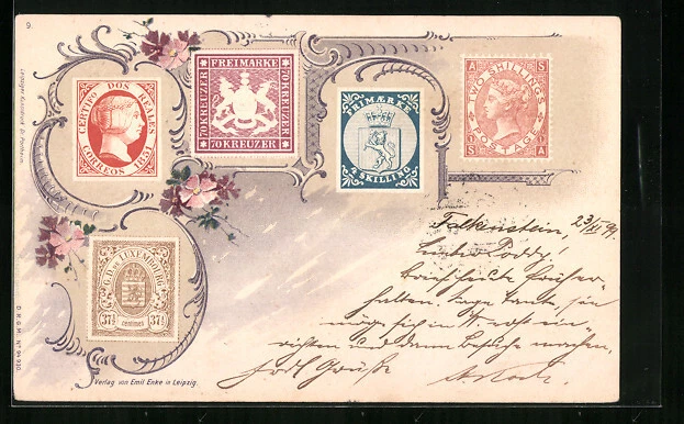 AK Verschiedene internationale Briefmarken 1899