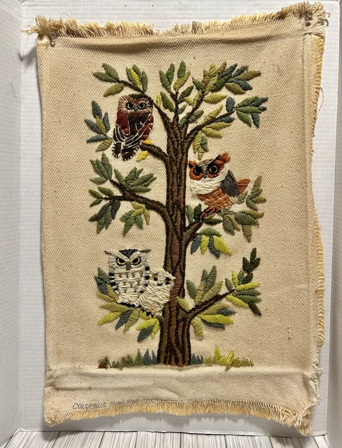 "Búhos bordados Crewel vintage con acabado de árbol y aguja sin enmarcar 16"" x 24"