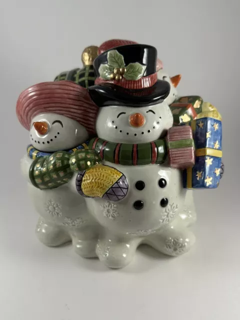 Fitz & Floyd Frosty Folks Snowman Family Cookie Jar 7.75" Tall