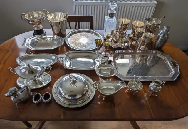 Collection of silver plated winner trophies and plates Stamford Bridge greyhound