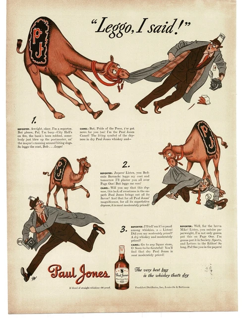 1943 Paul Jones Whiskey Camel Mascot chases Reporter man Vintage Print Ad