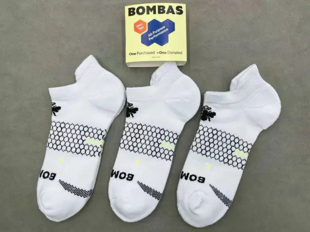 3 pairs Bombas Men's All-Purpose Performance Ankle Sock Size Large 9-13 White