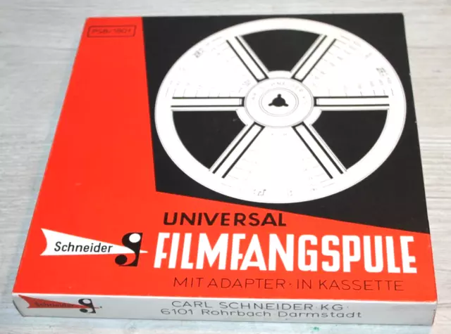 SCHNEIDER neuwertige Super 8 21cm Großfilmleerspule + Archivbox+ OVP  von 1974