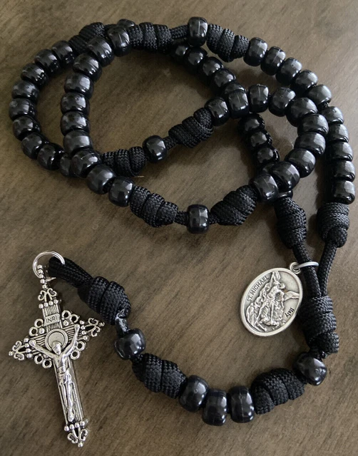 St Michael Paracord Rosary Beads Black Medal Crucifix+ Prayer card+Pouch