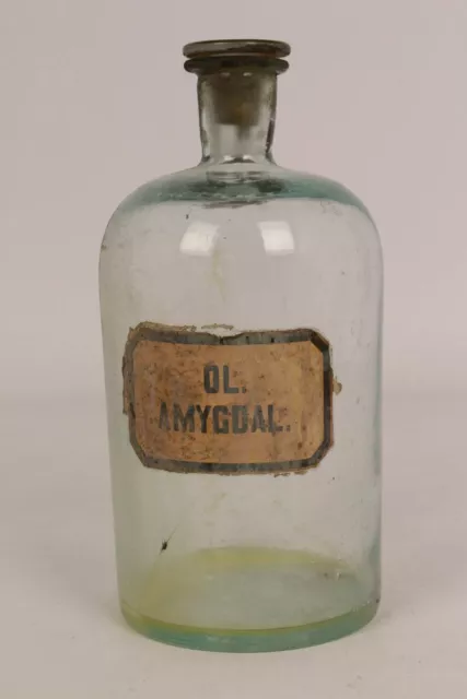 Apotheker Flasche Medizin Glas klar Korken Ol. Amygdal. antik Deckelflasche