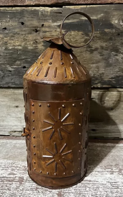 Punched Tin Rustic Primitive Lantern, 17” Tall, Candle Holder