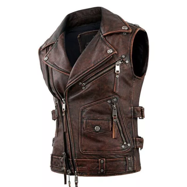 Men's Vintage Brown Motorcycle Vest Men Genuine Cowhide Riding Sleeveless Jacket