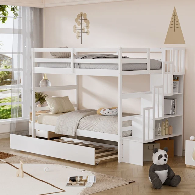 Twin Over Full Bunk Bed with Trundle Wood Bunkbed with Safety Rails and Ladder