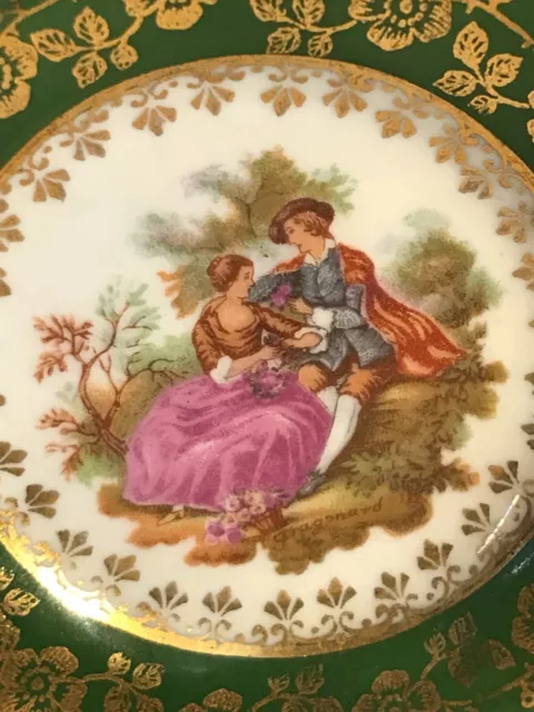 Small La Reine Limoges Green & Gilt Courting Couple Porcelain Plate 2