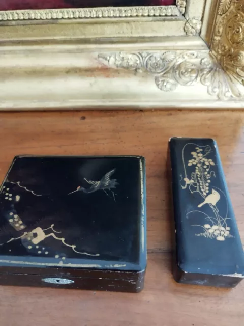 Ancienne Boite En Bois X 2  Laque Chinoise Japonaise Decor D'oiseaux