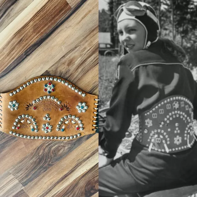 antique VTG 40's Wide Jeweled leather motorcycle kidney belt Unisex Needs Repair