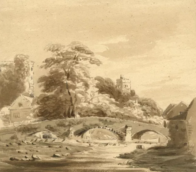 Round Tower by Stone Bridge – Original early 19th-century watercolour painting