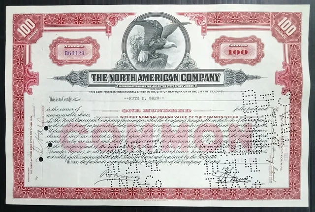 AOP USA 1933 The North American Co.100 shares certificate