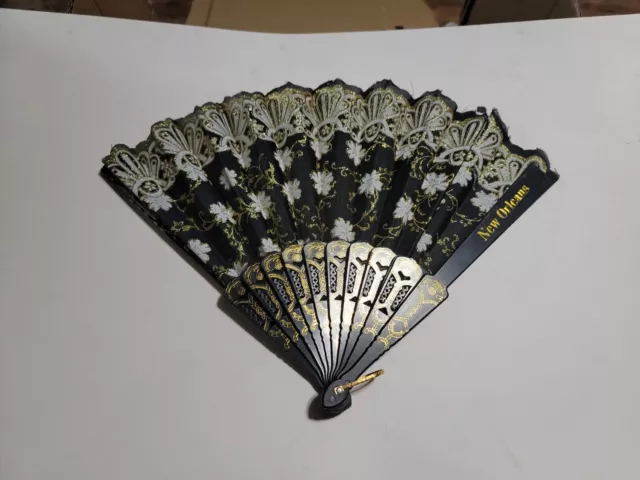 Vintage brown Folding Hand Fan with black and gold lace New Orleans Souvenir Fan