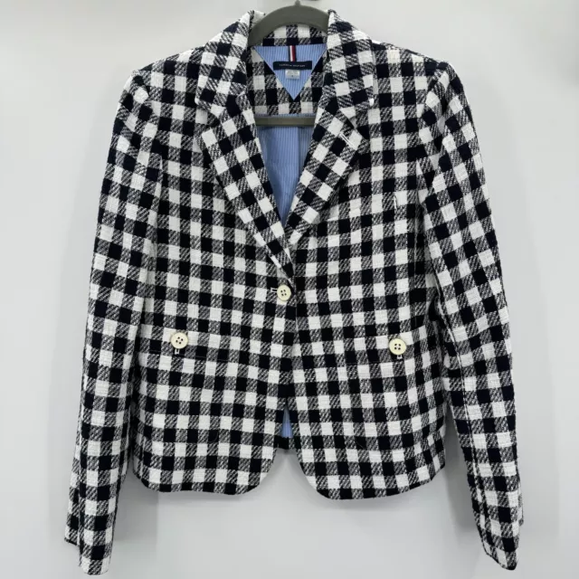 Tommy Hilfiger Plaid Single-Button Blazer Size 8 Navy Blue White Classic Lined