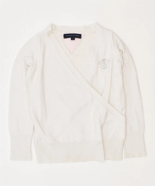 TOMMY HILFIGER Maglione Maglione Bambina Collo a V 2-3 Anni Cotone Bianco FE05
