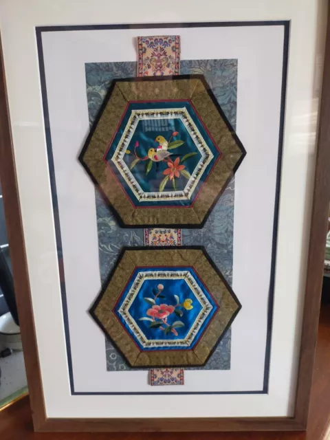 Vintage Chinese Silk Embroidery, Framed Birds & Blooms II  hexagon VGC  40x60cm