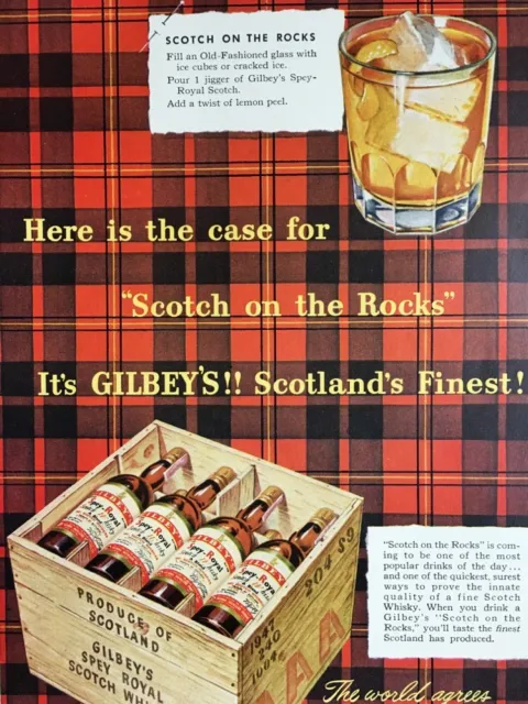 1950 Vintage  On The Rocks Drink Gilbey's Scotch Scotland Colorful Tartan Ad