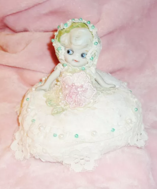 Beautiful Detail Antique Bisque Porcelain Kewpie Pin Cushion Doll Lace 5 X 6 