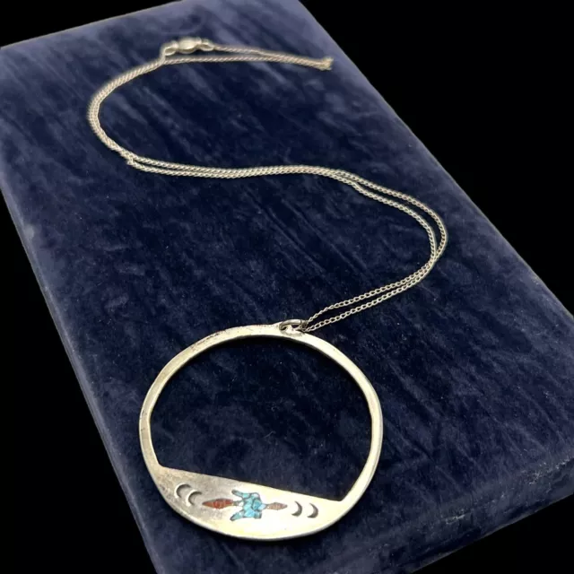 Antico Vintage Argento Sterling Nativi Zuni Turchese Ciondolo Collana 7.1g