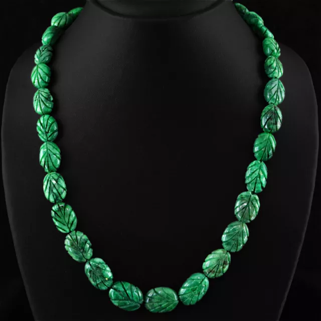 Beautiful 438.00 Cts Natural Green Emerald Oval Carved Beads Necklace (Dg) 2