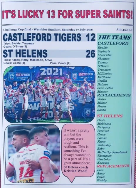 Castleford Tigers 12 St Helens 26 - 2021 Challenge Cup final - souvenir print