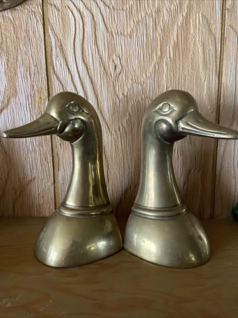 Vintage Solid Brass Bookends Door Stop Mallard Duck Hunting Decor Leonard Silver