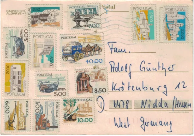 Portugal, mehrere Briefmarken aus 1970-1980 Jahren auf einer Postkarte