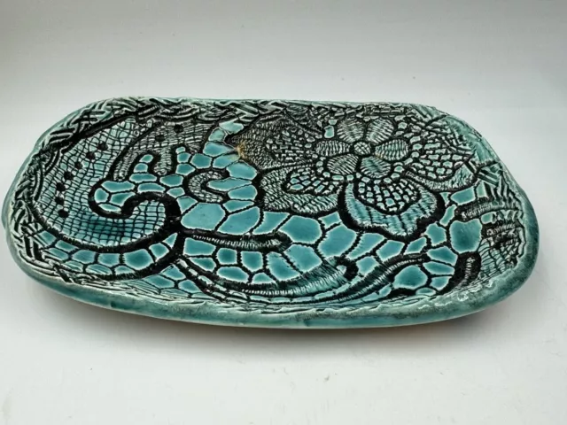 Turquoise And Black Glaze Hand Carved Abstract Art Pottery Soap Dish