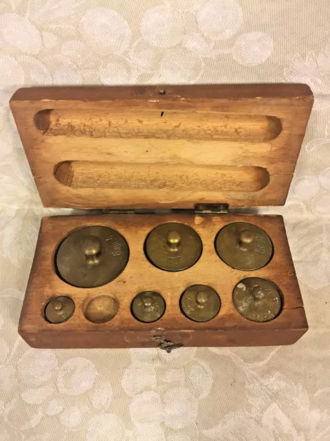 7 Antique Larger Brass Weights 1 Missing in Wood Case