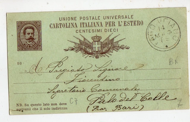 1889-Pago Veiano(Benevento)-Cartolina Postale Per Palo Del Colle(Ba)