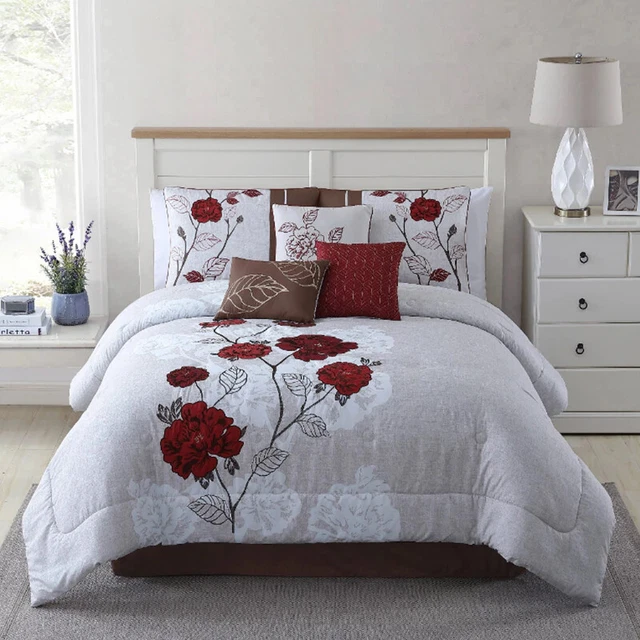 Mainstays 7-Piece Embroidered Teal Roses Bed in a Bag Comforter Bedding Set
