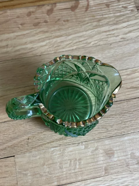 Antique EAPG Sunbeam Pattern Creamer Green McKee Glass Scalloped Gold Trim 2