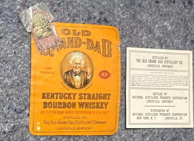 Vintage Whiskey Bottle Labels Old Grand Dad Tax Stamp Caution Notes Paper