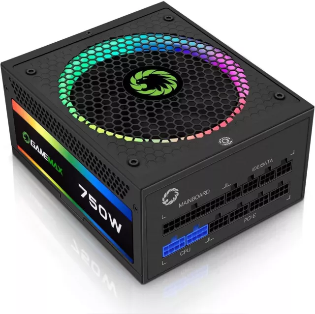 GameMax 750W RGB Power Supply (No Power Cable inc.), Modular, RGB Rainbow LED