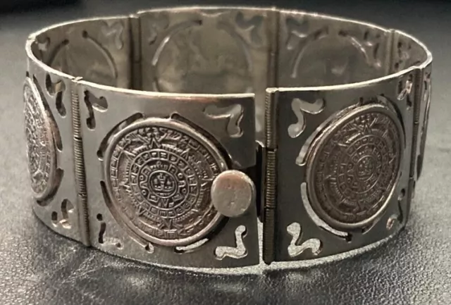 Vintage HEAVY thick Sterling Silver Authentic Mexican Aztec COIN panel BRACELET