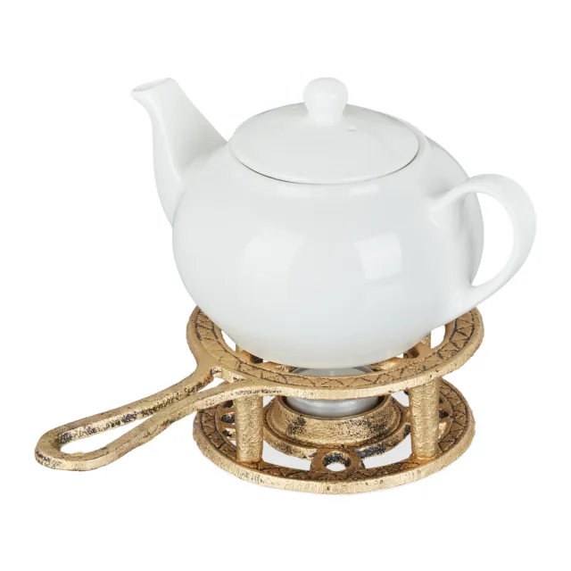 Calentador de tetera dorado Calentador de té hierro fundido Soporte calentar té