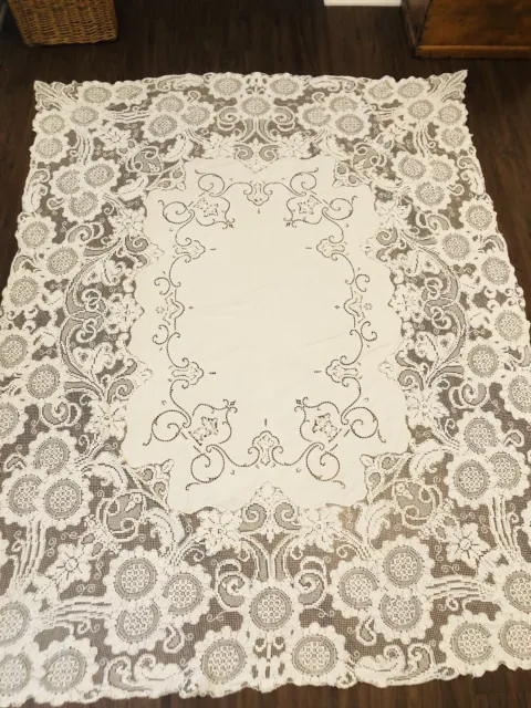 antique handmade tablecloth enbroidery cut work  Linen Filet Lace 79” X 62