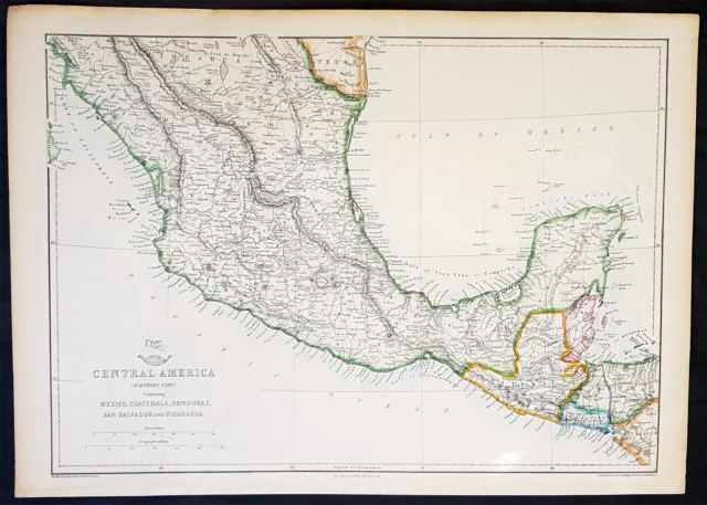 1860 Edward Weller Large Antique Map Central America Guatemala, Honduras, Mexico