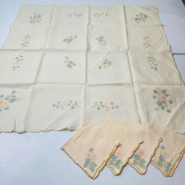 Vintage Madeira Linen Embroidered Tablecloth And Napkins set pink peach floral