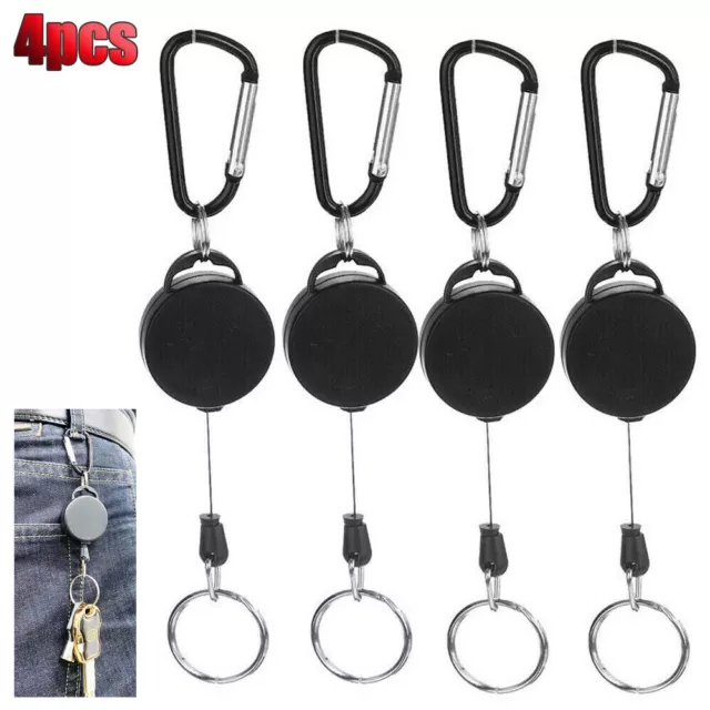 4X Retractable Key Tool Reel Holder Steel Belt Clip Chain Heavy Duty Split Rings