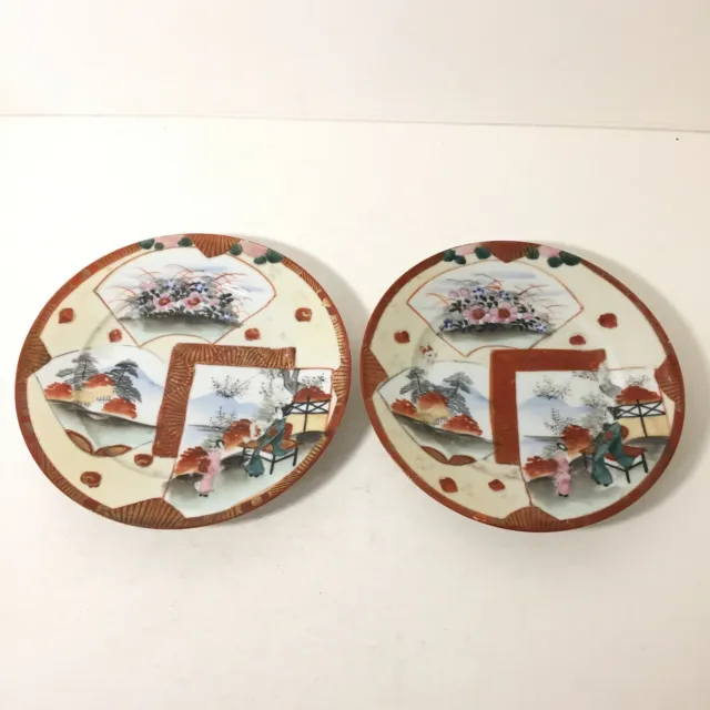 2 Chinese Hand Painted Plates Seasons Gold Reddish Brown Floral Trees