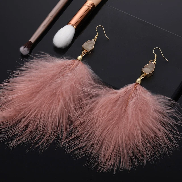 Womens Bohemian Ostrich Feather Earring Long Tassel Dangle Drop Earrings Jewelry