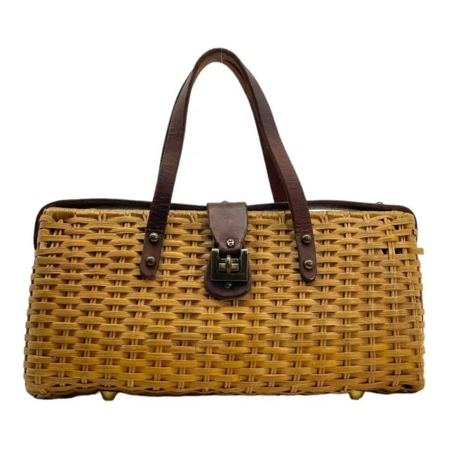 Vintage 50s ETIENNE AIGNER Handmade Wicker Top Handle Handbag Basket Box Bag