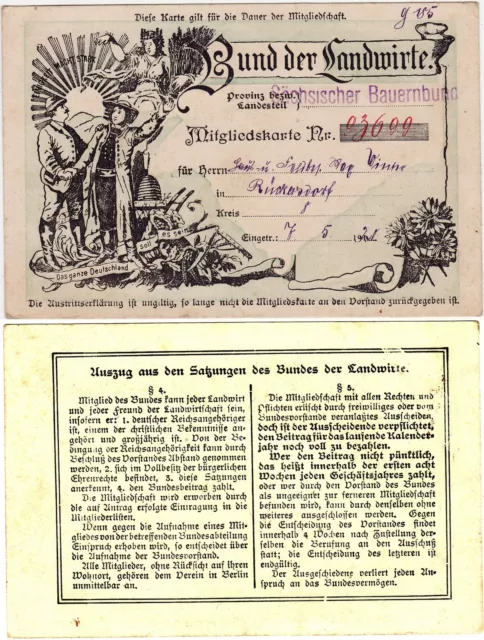 Mitgliedskarte RÜCKERSDORF 1921 Bund der Landwirte   ( 89665