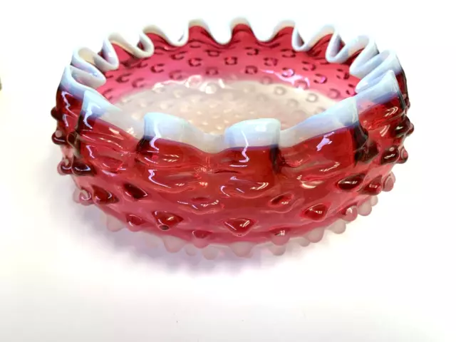 EAPG ANTIQUE HOBBS BROCKUNIER HOBNAIL DEWDROP CRANBERRY CRIMPED BOWL - 1880s