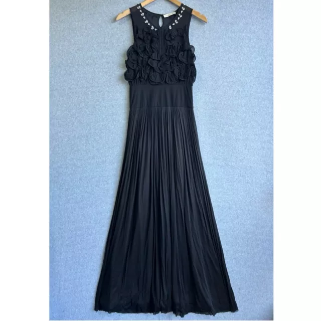 RACHEL GILBERT Dress Womens Sz 1 Black 100% Silk Ruffled Embellished Sheer Maxi